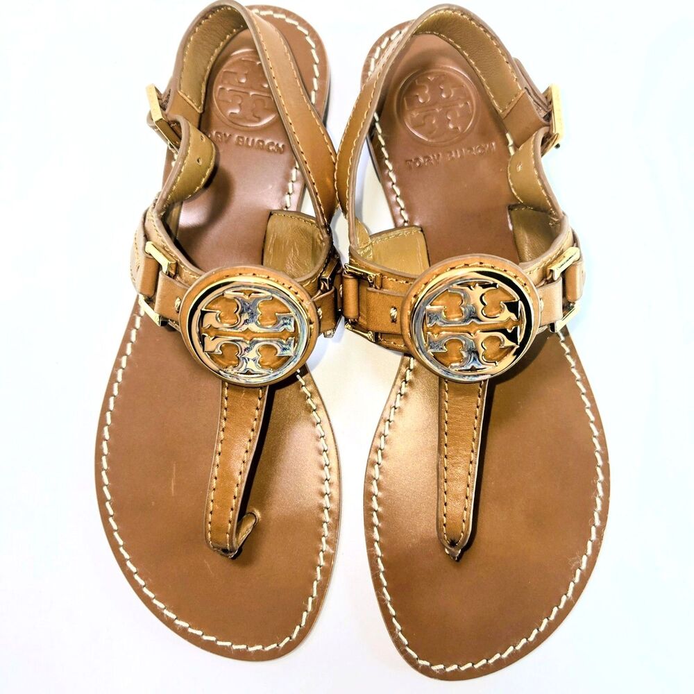 TORY BURCH Sandals Brown Leather Cassia Flat Thong Shoes Gold-Tone Logo Women 6M